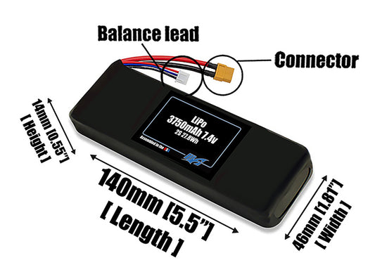 Size reference photo of the 3750mAh 7.4V LiPo pack showing 140 mm by 46 mm by 14 mm dimensions ideal for drones or robotic systems where space matters.