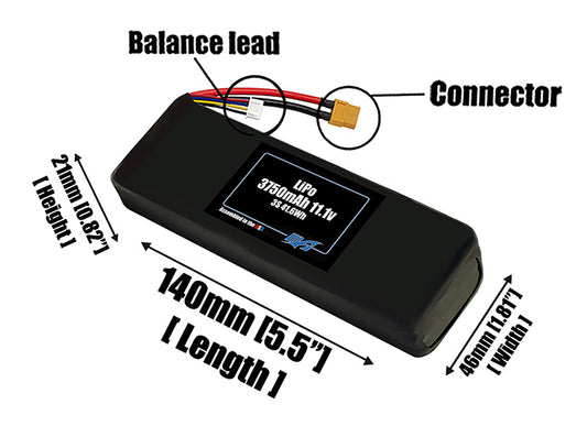 Size reference photo of the 3750mAh 11.1V LiPo pack showing 140 mm by 46 mm by 21 mm dimensions ideal for drones or robotic systems where space matters.