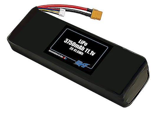 Compact 11.1-volt 3750mAh lithium-polymer battery, built for lightweight drone, UAV, and robotics projects.