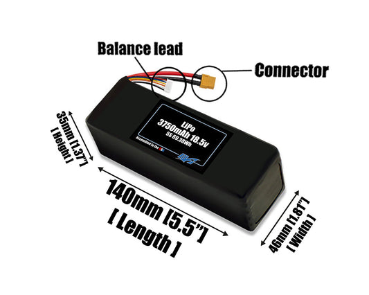 Size reference photo of the 3750mAh 18.5V LiPo pack showing 140 mm by 46 mm by 35 mm dimensions ideal for drones or robotic systems where space matters.