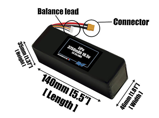Size reference photo of the 3750mAh 18.5V LiPo pack showing 140 mm by 46 mm by 35 mm dimensions ideal for drones or robotic systems where space matters.