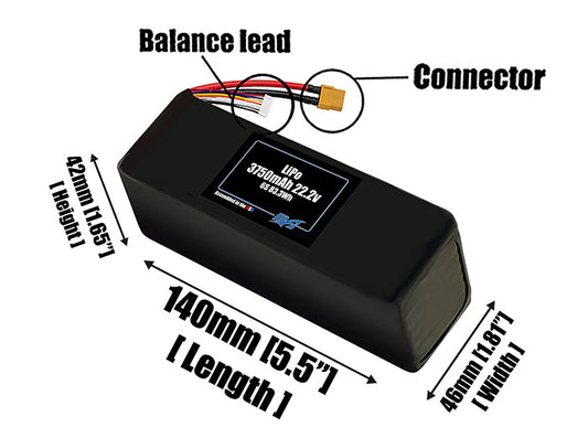 Size reference photo of the 3750mAh 22.2V LiPo pack showing 140 mm by 46 mm by 42 mm dimensions ideal for drones or robotic systems where space matters.