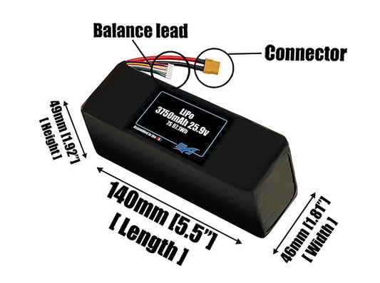 Size reference photo of the 3750mAh 25.9V LiPo pack showing 140 mm by 46 mm by 49 mm dimensions ideal for drones or robotic systems where space matters.