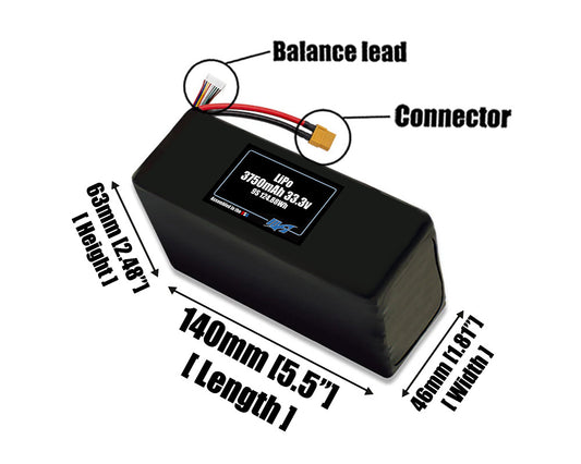 Size reference photo of the 3750mAh 33.3V LiPo pack showing 140 mm by 46 mm by 63 mm dimensions ideal for drones or robotic systems where space matters.