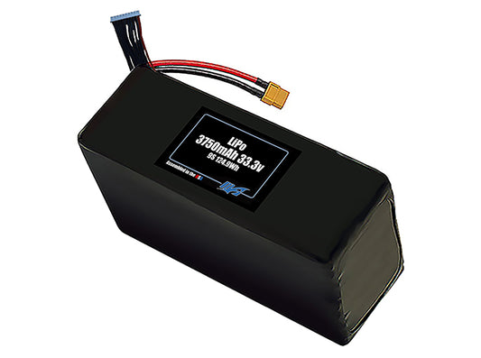 Compact 33.3-volt 3750mAh lithium-polymer battery, built for lightweight drone, UAV, and robotics projects.