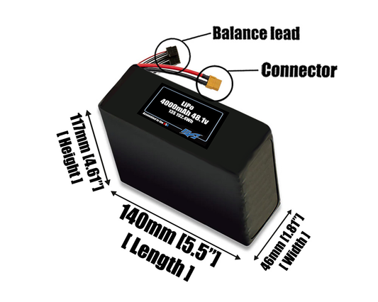 Size reference photo of the 4000mAh 48.1V LiPo pack showing 140 mm by 46 mm by 117 mm dimensions ideal for drones or robotic systems where space matters.