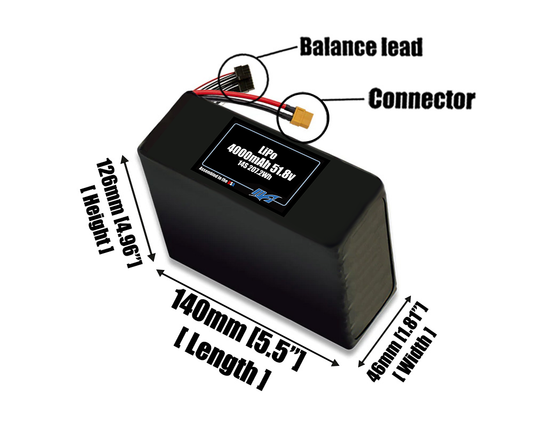Size reference photo of the 4000mAh 51.8V LiPo pack showing 140 mm by 46 mm by 126 mm dimensions ideal for drones or robotic systems where space matters.