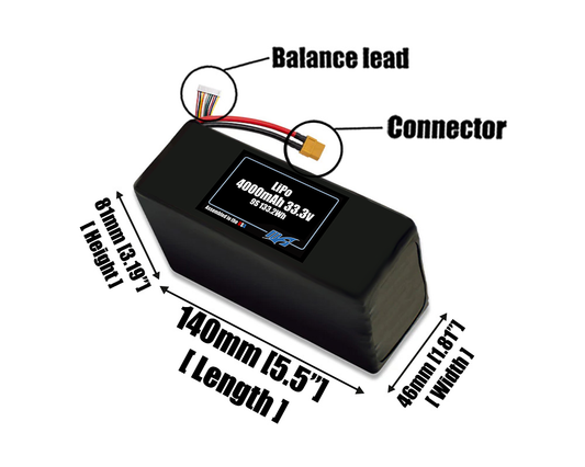 Size reference photo of the 4000mAh 33.3V LiPo pack showing 140 mm by 46 mm by 81 mm dimensions ideal for drones or robotic systems where space matters.