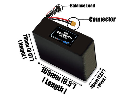 Size reference photo of the 4500mAh 48.1V LiPo pack showing 165 mm by 46 mm by 78 mm dimensions ideal for drones or robotic systems where space matters.