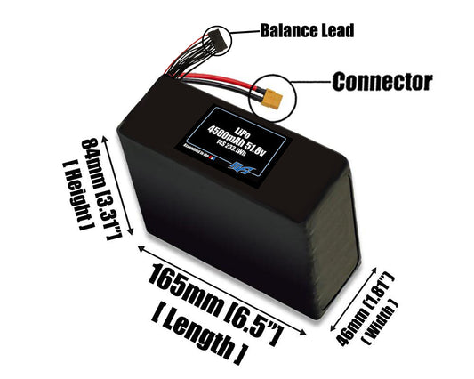 Size reference photo of the 4500mAh 51.8V LiPo pack showing 165 mm by 46 mm by 84 mm dimensions ideal for drones or robotic systems where space matters.