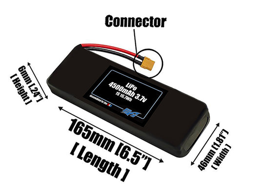 Size reference photo of the 4500mAh 3.7V LiPo pack showing 165 mm by 46 mm by 6 mm dimensions ideal for drones or robotic systems where space matters.