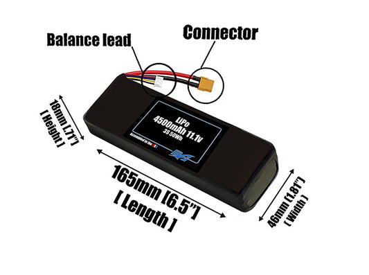 Size reference photo of the 4500mAh 11.1V LiPo pack showing 165 mm by 46 mm by 18 mm dimensions ideal for drones or robotic systems where space matters.