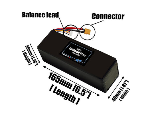 Size reference photo of the 4500mAh 18.5V LiPo pack showing 165 mm by 46 mm by 30 mm dimensions ideal for drones or robotic systems where space matters.