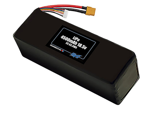 Compact 18.5-volt 4500mAh lithium-polymer battery, built for lightweight drone, UAV, and robotics projects.