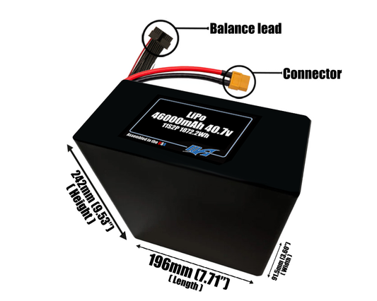 Size reference photo of the 46000mAh 40.7V LiPo pack showing 196 mm by 91.5 mm by 242 mm dimensions ideal for drones or large robotic systems where space matters.
