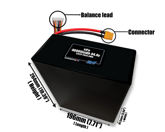 Size reference photo of the 46000mAh 44.4V LiPo pack showing 196 mm by 91.5 mm by 264 mm dimensions ideal for drones or large robotic systems where space matters.