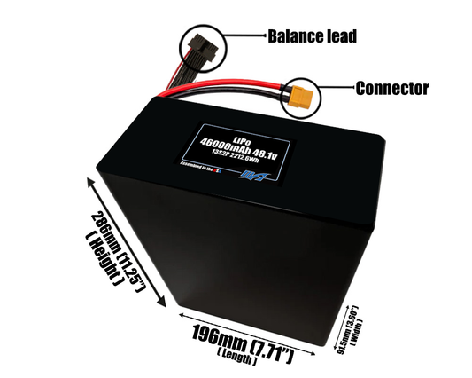 Size reference photo of the 46000mAh 48.1V LiPo pack showing 196 mm by 91.5 mm by 286 mm dimensions ideal for drones or large robotic systems where space matters.