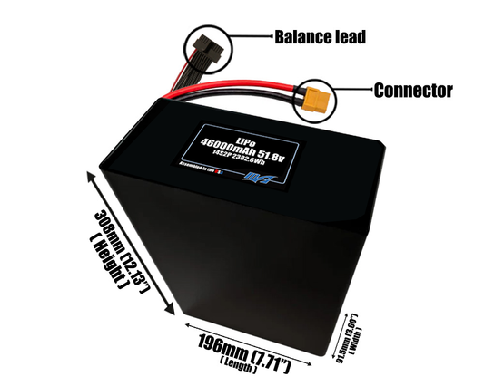 Size reference photo of the 46000mAh 51.8V LiPo pack showing 196 mm by 91.5 mm by 308 mm dimensions ideal for drones or large robotic systems where space matters.