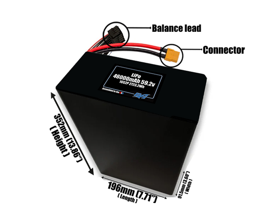 Size reference photo of the 46000mAh 59.2V LiPo pack showing 196 mm by 91.5 mm by 352 mm dimensions ideal for drones or large robotic systems where space matters.