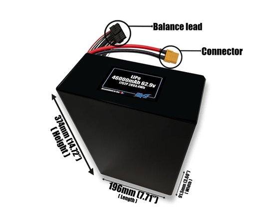 Size reference photo of the 46000mAh 62.9V LiPo pack showing 196 mm by 91.5 mm by 374 mm dimensions ideal for drones or large robotic systems where space matters.