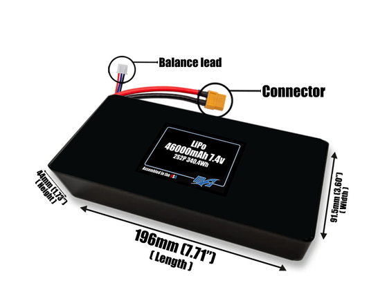 Size reference photo of the 46000mAh 7.4V LiPo pack showing 196 mm by 91.5 mm by 44 mm dimensions ideal for drones or large robotic systems where space matters.