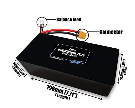 Size reference photo of the 46000mAh 11.1V LiPo pack showing 196 mm by 91.5 mm by 66 mm dimensions ideal for drones or large robotic systems where space matters.