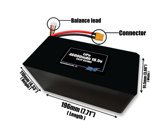 Size reference photo of the 46000mAh 18.5V LiPo pack showing 196 mm by 91.5 mm by 110 mm dimensions ideal for drones or large robotic systems where space matters.