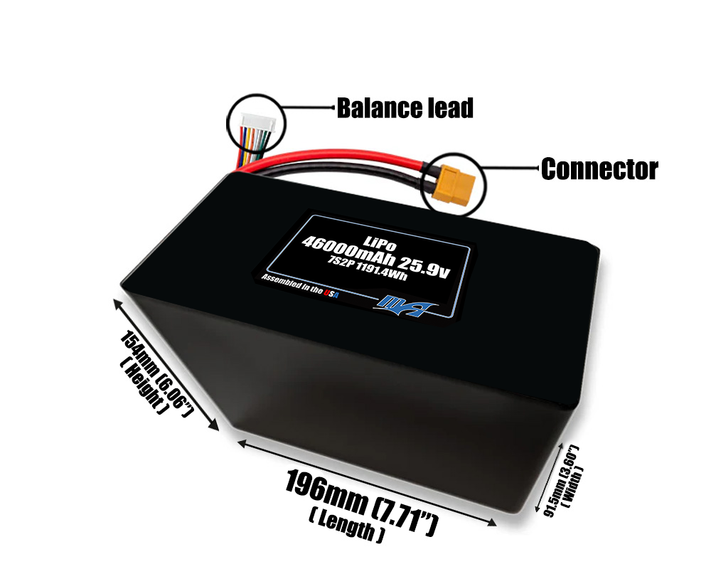 Size reference photo of the 46000mAh 25.9V LiPo pack showing 196 mm by 91.5 mm by 154 mm dimensions ideal for drones or large robotic systems where space matters.