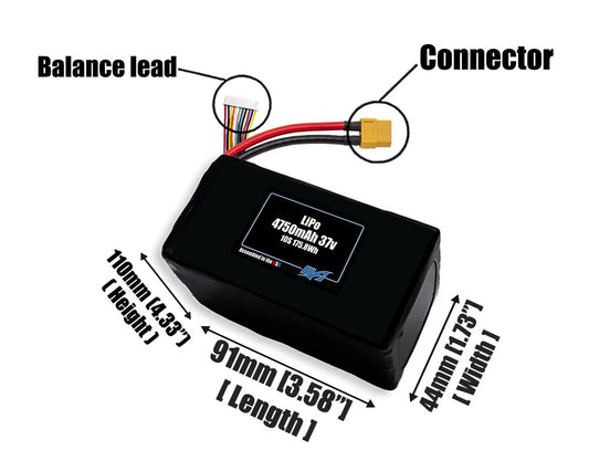 Size reference photo of the 4750mAh 37V LiPo pack showing 91 mm by 44 mm by 110 mm dimensions ideal for drones or robotic systems where space matters.