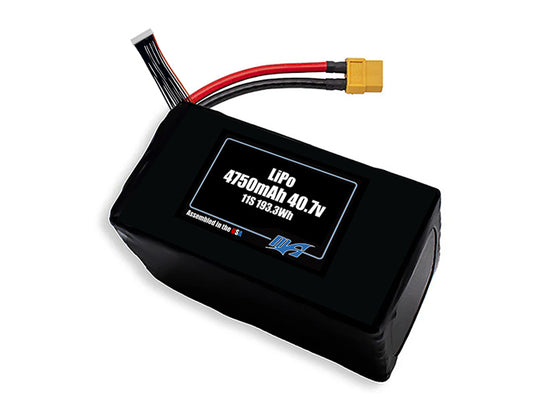 Compact 40.7-volt 4750mAh lithium-polymer battery, built for lightweight drone, UAV, and robotics projects.