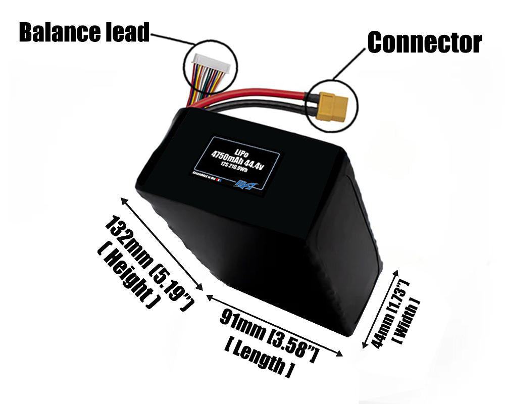Size reference photo of the 4750mAh 44.4V LiPo pack showing 91 mm by 44 mm by 132 mm dimensions ideal for drones or robotic systems where space matters.