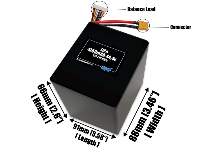 Size reference photo of the 4750mAh 44.4V LiPo pack showing 91 mm by 88 mm by 66 mm dimensions ideal for drones or robotic systems where space matters.