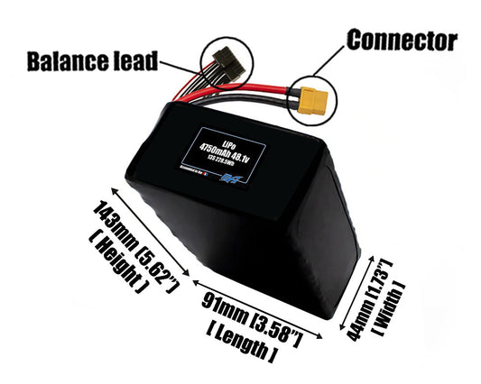 Size reference photo of the 4750mAh 48.1V LiPo pack showing 91 mm by 44 mm by 143 mm dimensions ideal for drones or robotic systems where space matters.
