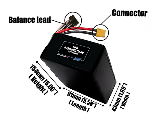 Size reference photo of the 4750mAh 51.8V LiPo pack showing 91 mm by 43 mm by 154 mm dimensions ideal for drones or robotic systems where space matters.