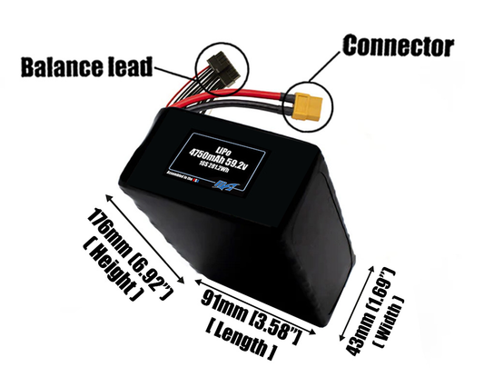 Size reference photo of the 4750mAh 59.2V LiPo pack showing 91 mm by 43 mm by 176 mm dimensions ideal for drones or robotic systems where space matters.