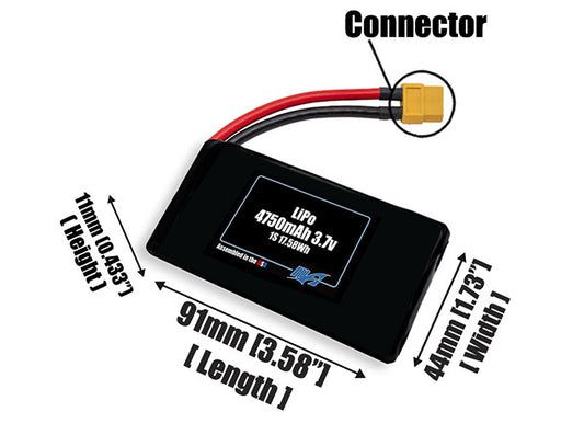 Size reference photo of the 4750mAh 3.7V LiPo pack showing 91 mm by 44 mm by 11 mm dimensions ideal for drones or robotic systems where space matters.