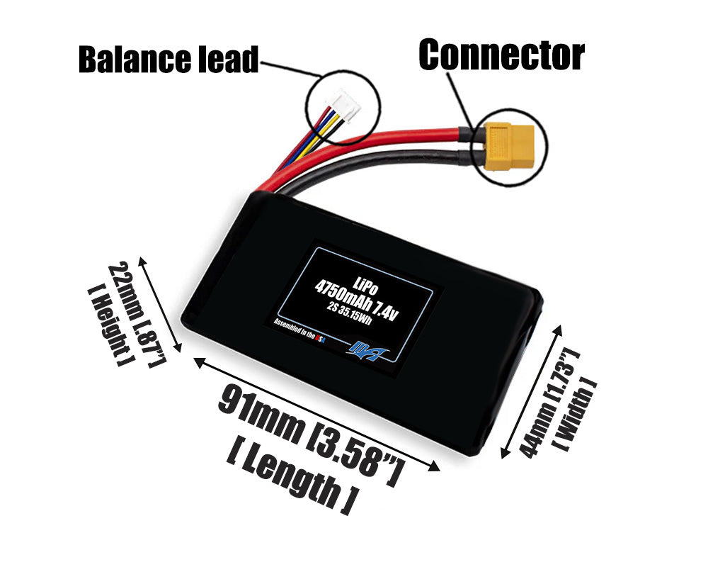Size reference photo of the 4750mAh 7.4V LiPo pack showing 91 mm by 44 mm by 22 mm dimensions ideal for drones or robotic systems where space matters.
