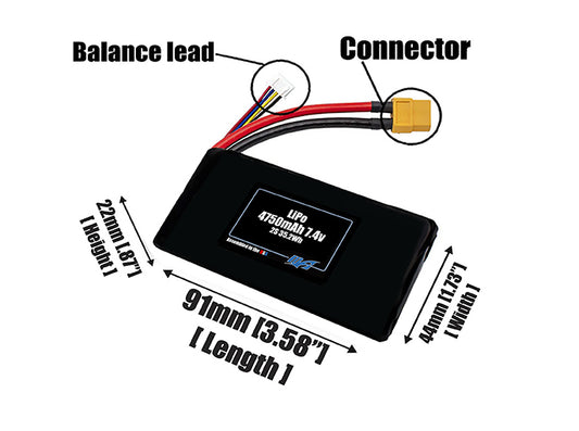 Size reference photo of the 4750mAh 7.4V LiPo pack showing 91 mm by 44 mm by 22 mm dimensions ideal for drones or robotic systems where space matters.
