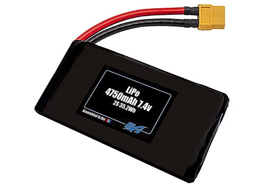 Compact 7.4-volt 4750mAh lithium-polymer battery, built for lightweight drone, UAV, and robotics projects.