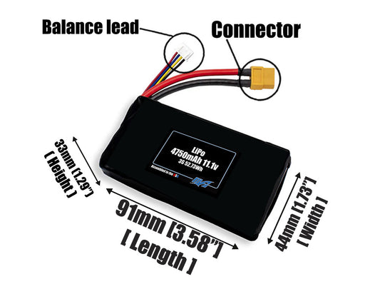 Size reference photo of the 4750mAh 11.1V LiPo pack showing 91 mm by 44 mm by 33 mm dimensions ideal for drones or robotic systems where space matters.