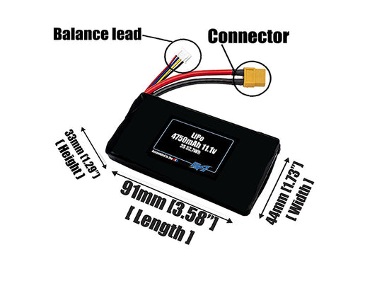 Size reference photo of the 4750mAh 11.1V LiPo pack showing 91 mm by 44 mm by 33 mm dimensions ideal for drones or robotic systems where space matters.