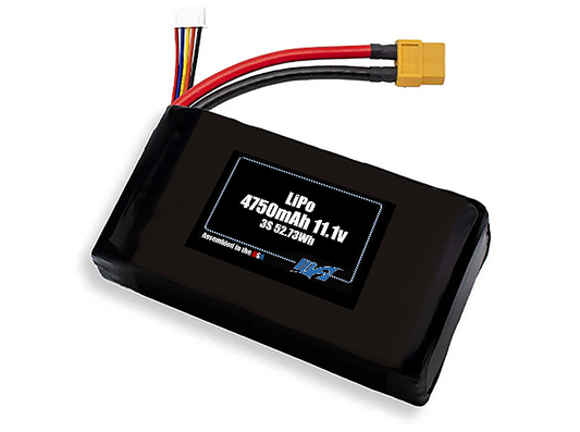 Compact 11.1-volt 4750mAh lithium-polymer battery, built for lightweight drone, UAV, and robotics projects.