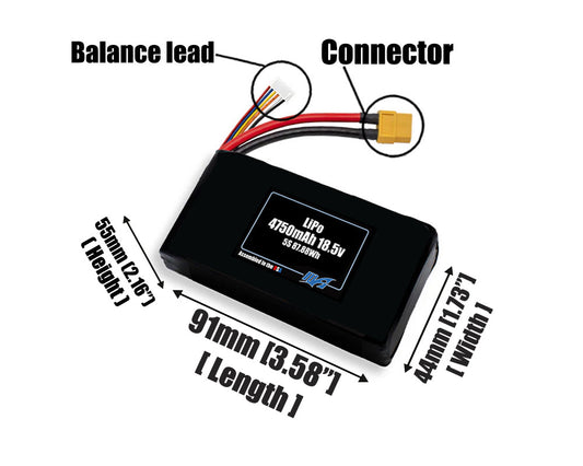 Size reference photo of the 4750mAh 18.5V LiPo pack showing 91 mm by 44 mm by 55 mm dimensions ideal for drones or robotic systems where space matters.