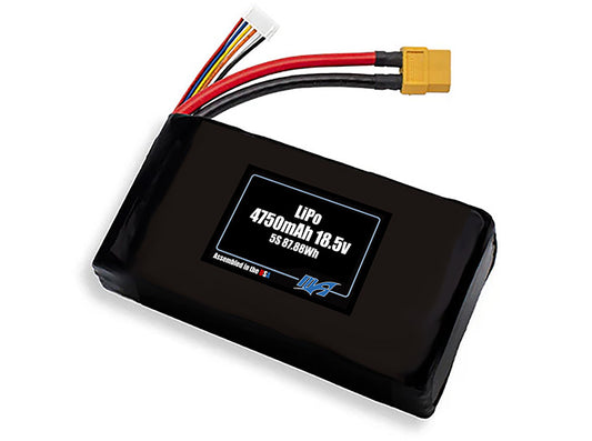 Compact 18.5-volt 4750mAh lithium-polymer battery, built for lightweight drone, UAV, and robotics projects.