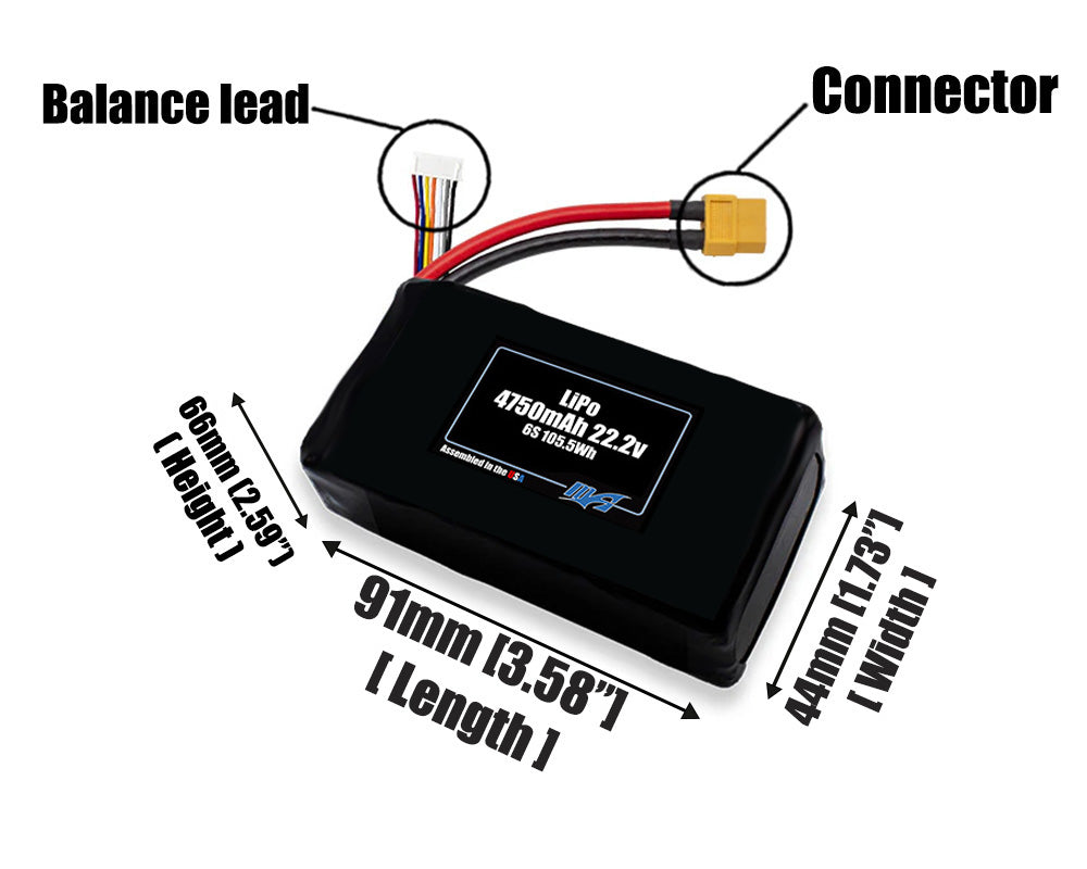 Size reference photo of the 4750mAh 22.2V LiPo pack showing 91 mm by 44 mm by 66 mm dimensions ideal for drones or robotic systems where space matters.