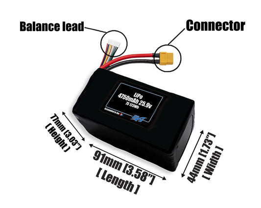 Size reference photo of the 4750mAh 25.9V LiPo pack showing 91 mm by 44 mm by 77 mm dimensions ideal for drones or robotic systems where space matters.