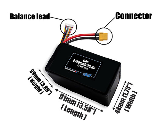 Size reference photo of the 4750mAh 33.3V LiPo pack showing 91 mm by 44 mm by 99 mm dimensions ideal for drones or robotic systems where space matters.