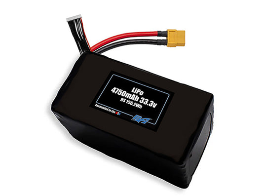 Compact 33.3-volt 4750mAh lithium-polymer battery, built for lightweight drone, UAV, and robotics projects.