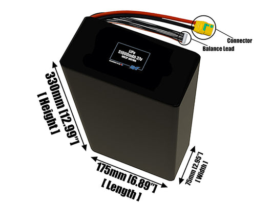 Size reference photo of the 51000mAh 37V LiPo pack showing 175 mm by 75 mm by 330 mm dimensions ideal for drones or large robotic systems where space matters.