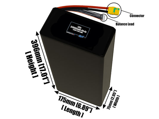 Size reference photo of the 51000mAh 44.4V LiPo pack showing 175 mm by 75 mm by 396 mm dimensions ideal for drones or large robotic systems where space matters.